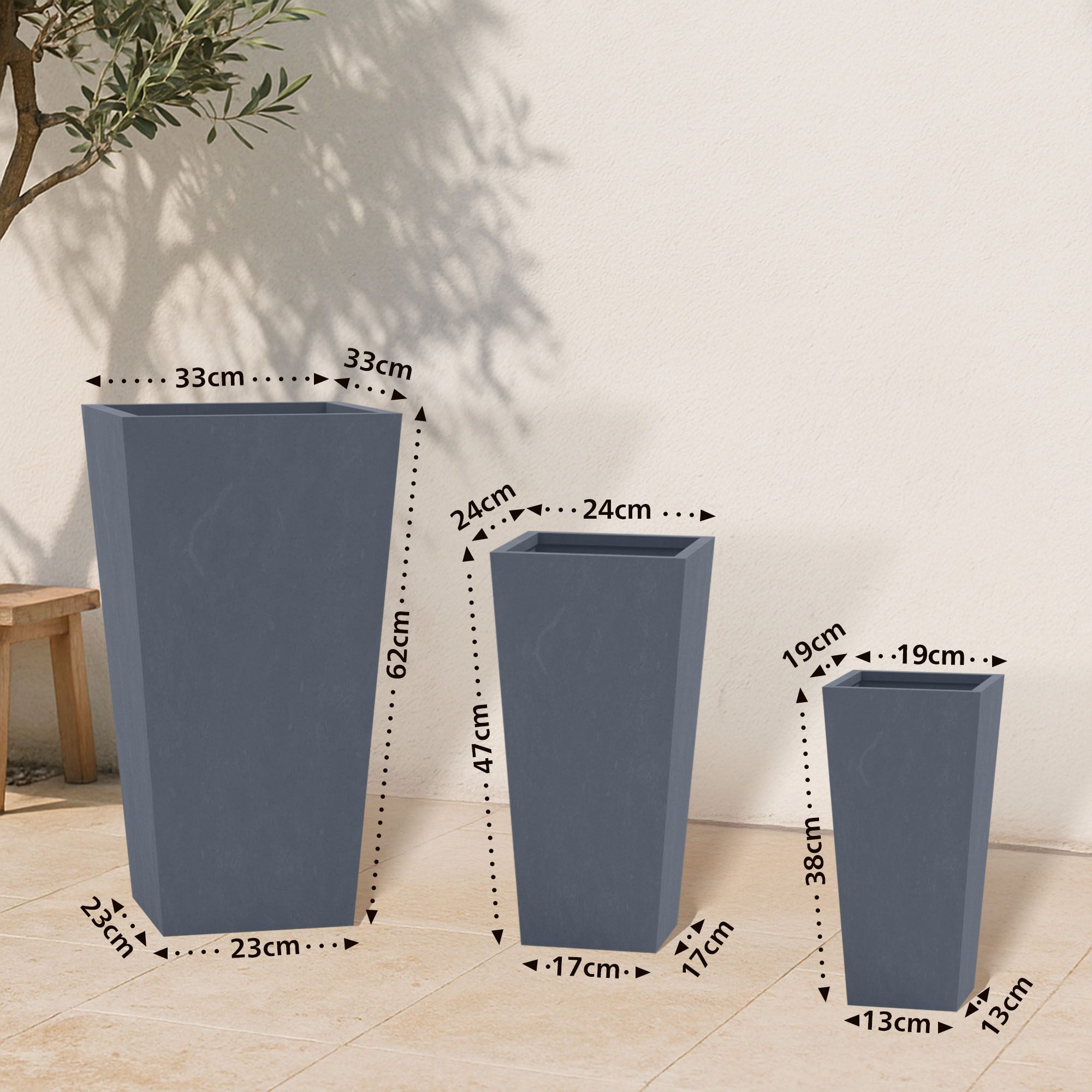 Set van 3 vierkante bloempotten