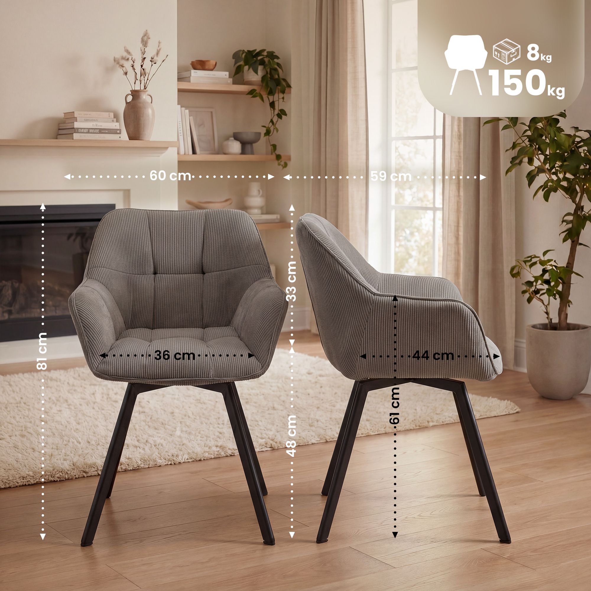 Set van 2 eetkamerstoelen Jordi Cord