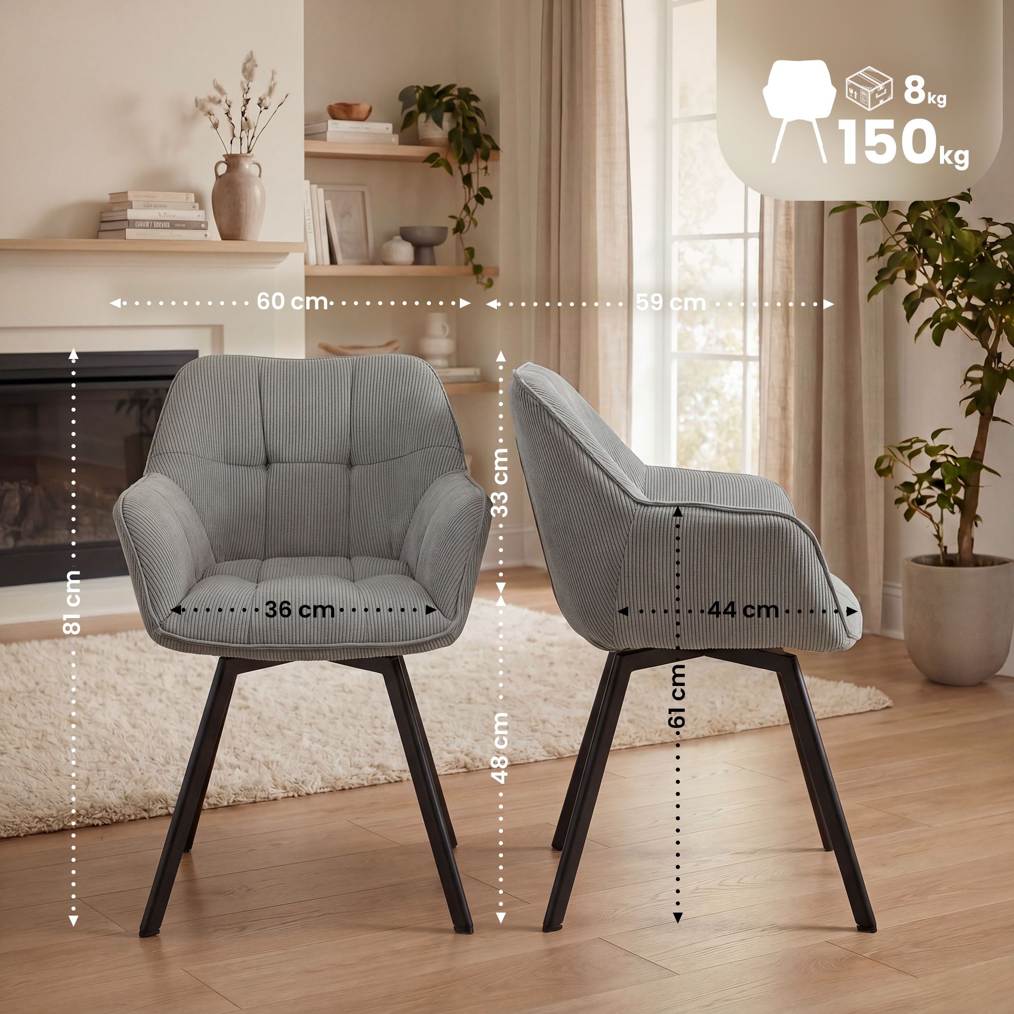 Set van 2 eetkamerstoelen Jordi Cord