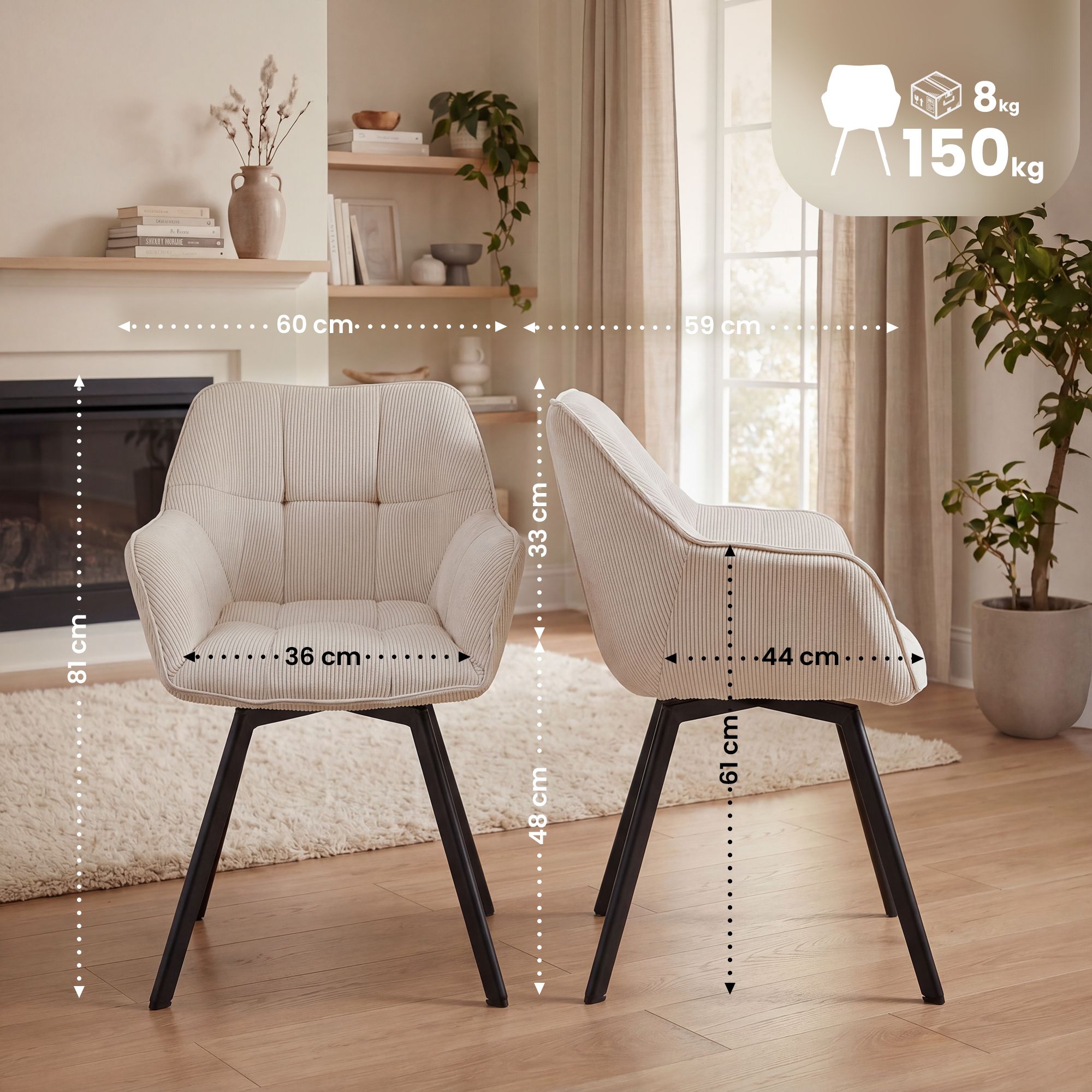 Set van 2 eetkamerstoelen Jordi Cord